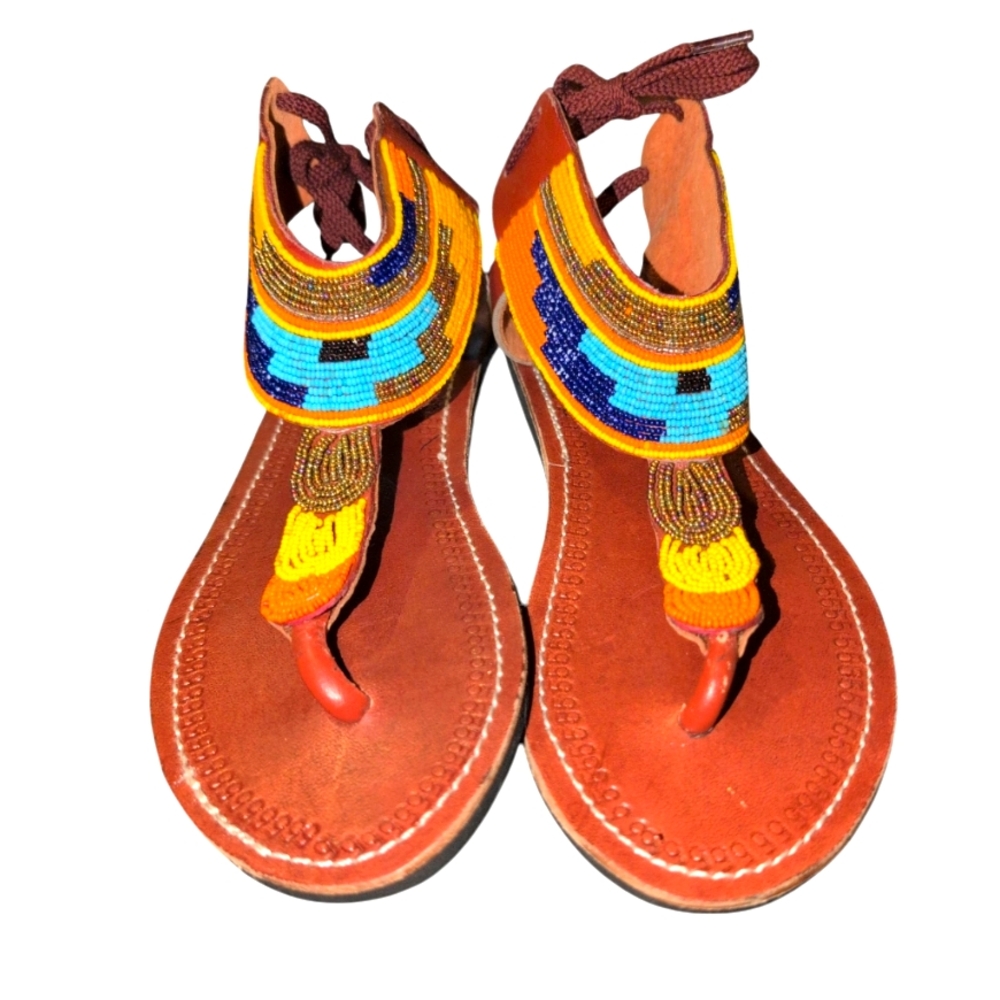 Women’s African Maasai Handmade Leather Colorful Beaded Gladiator Sandals 9